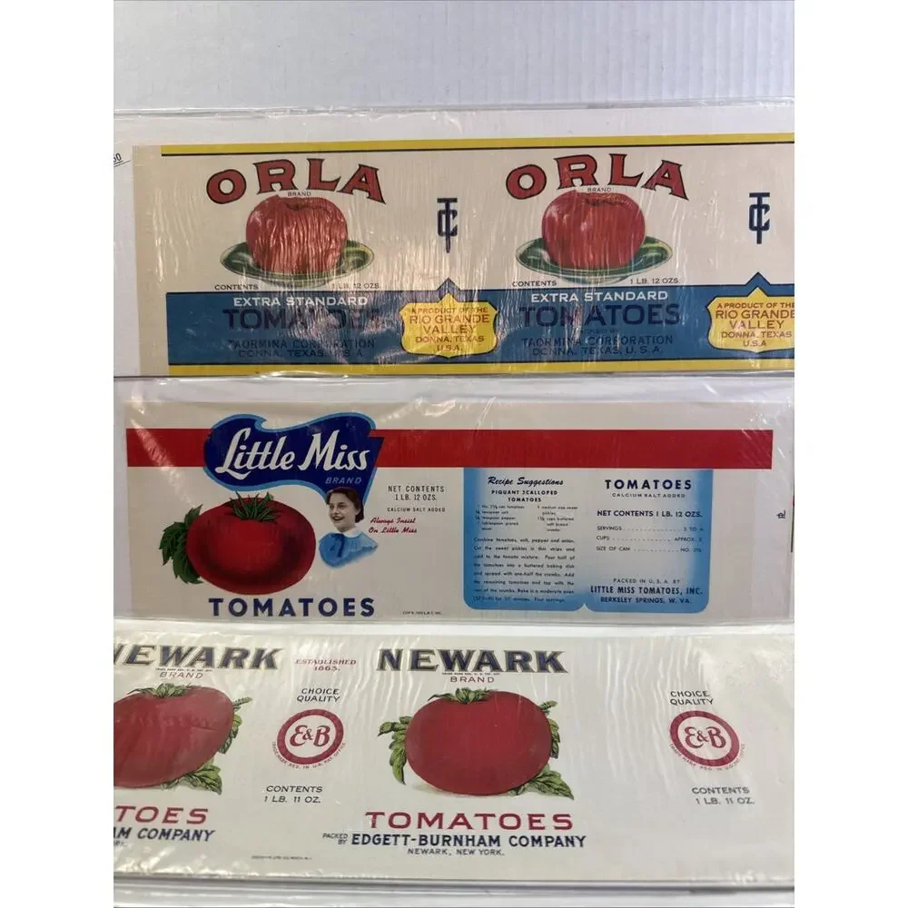 Lot 8 Tomatoes Vtg Unused Can Label Mid-Century Decor MCM Tomato Bright